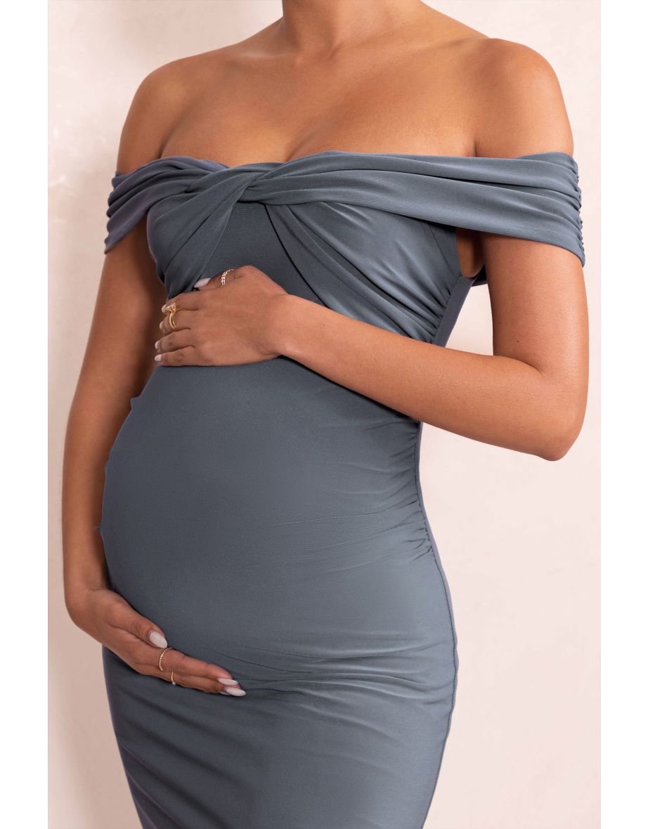 Kia | Dove Grey Twist Bardot Maternity Maxi Dress with Split - 4