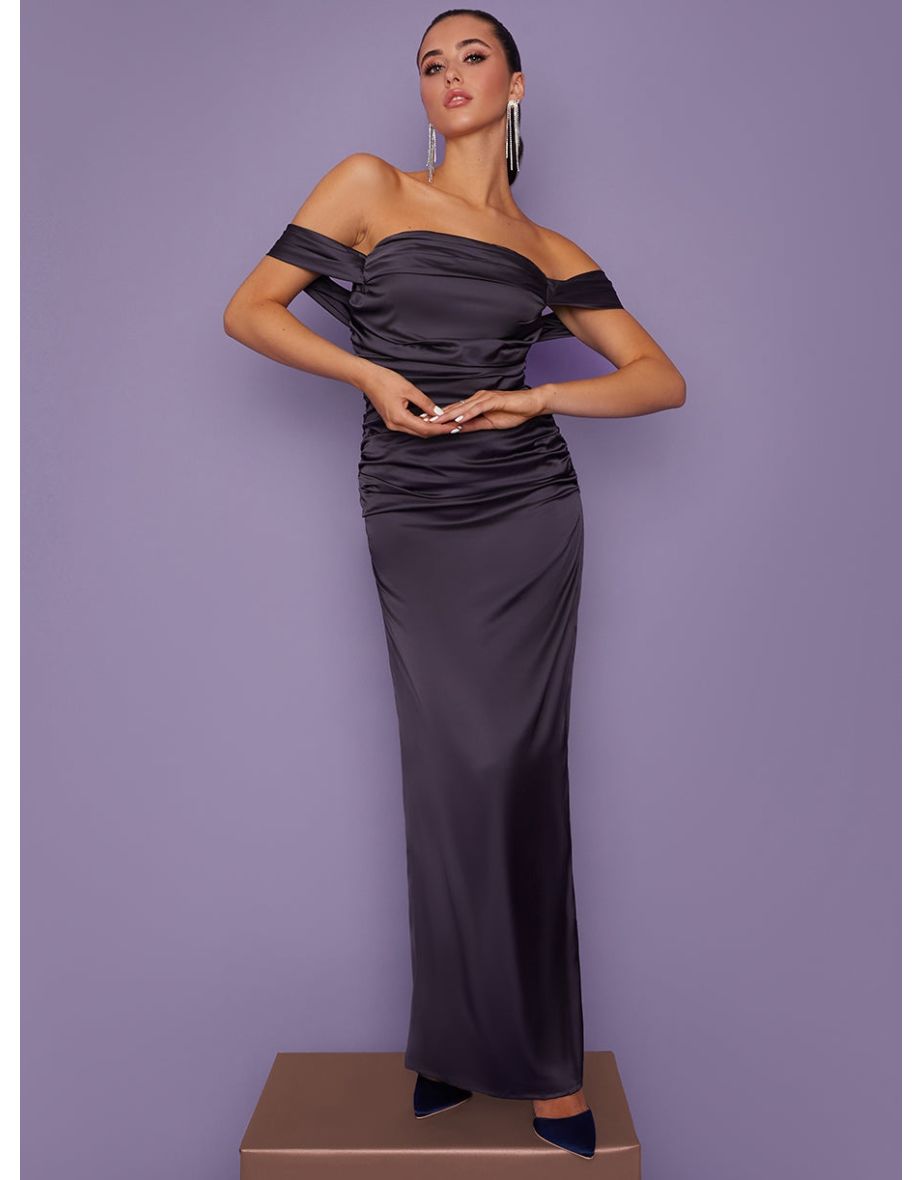 Bardot Ruched Satin Maxi Dress in Navy - 5