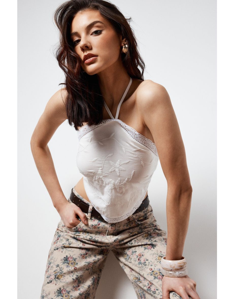 Cotton Embroidered Lace Trim Halter Neck Tie Back Crop Top - 3