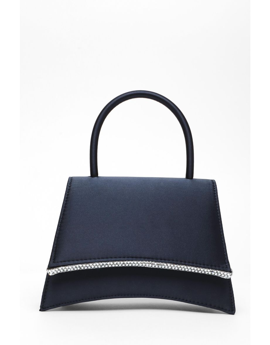 Navy Satin Diamante Trim Mini Tote Bag - 4