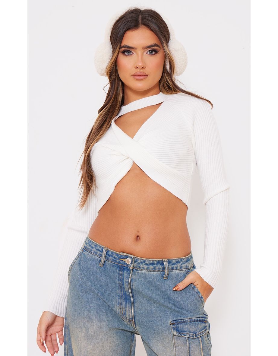 Cream Soft Rib Knit Front Twist Crop Top