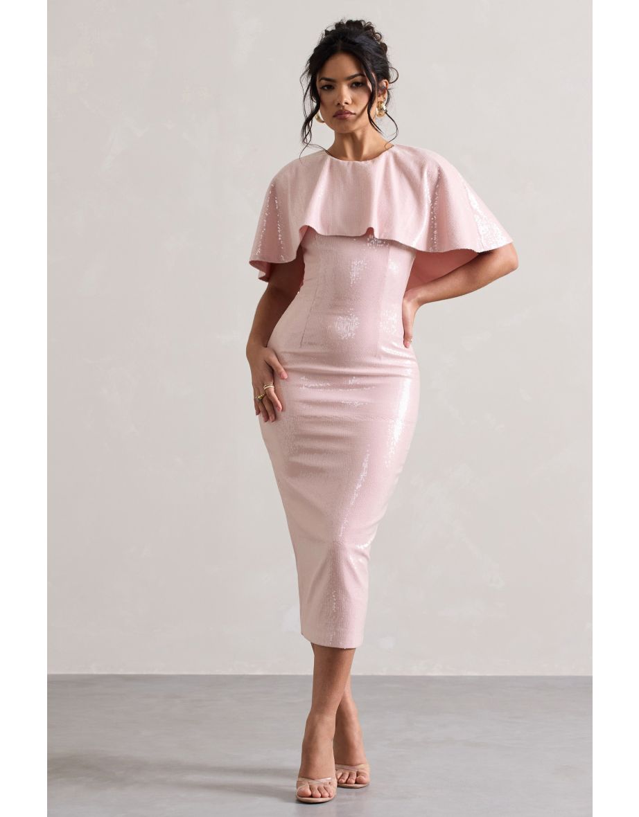 Amelie | Pastel Pink Sequin Midaxi Dress With Cape - 5