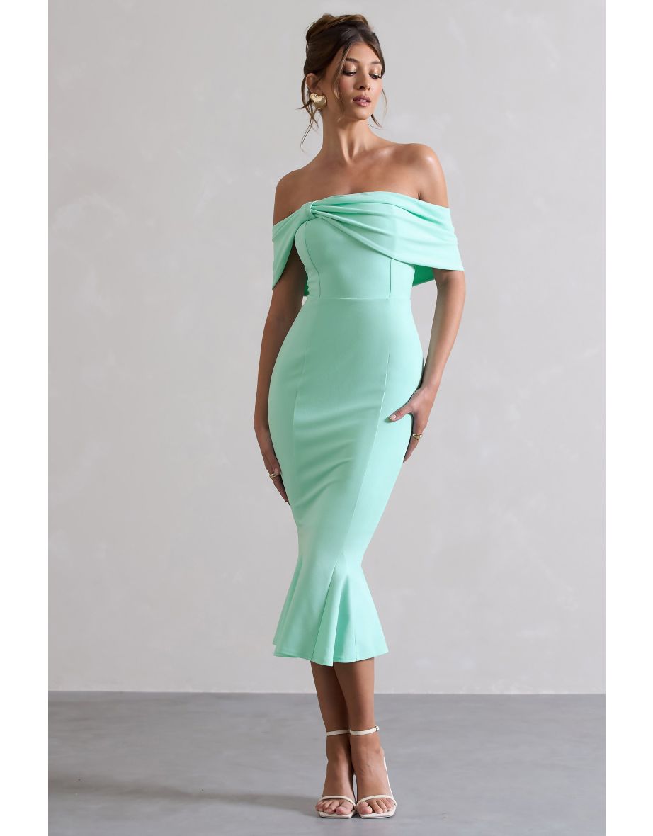 Lydia | Mint Bardot Bow Detail Midi Dress