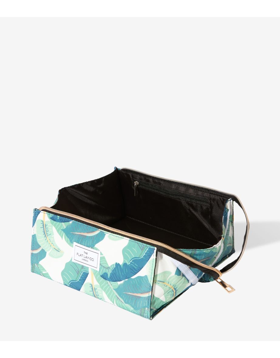 Open Flat Makeup Box Bag in Tropical Leaves - 1