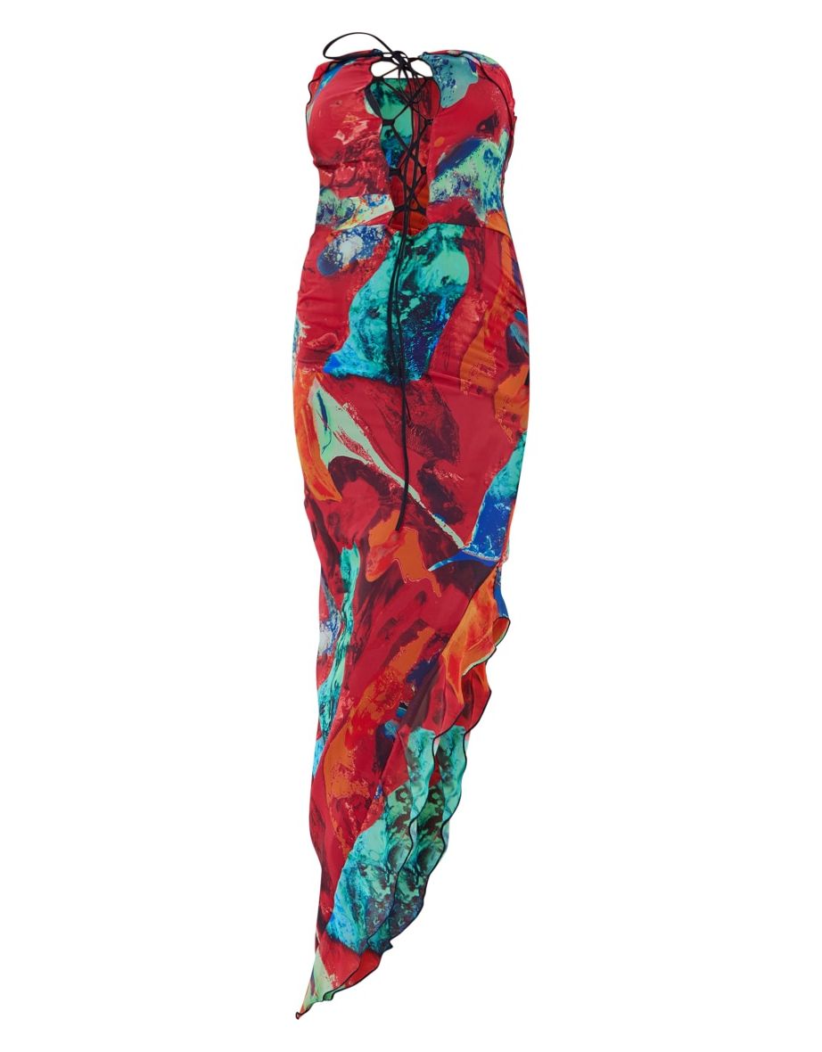 Red Abstract Print Lace Up Bust Asymmetric Ruffle Midaxi Dress - 4