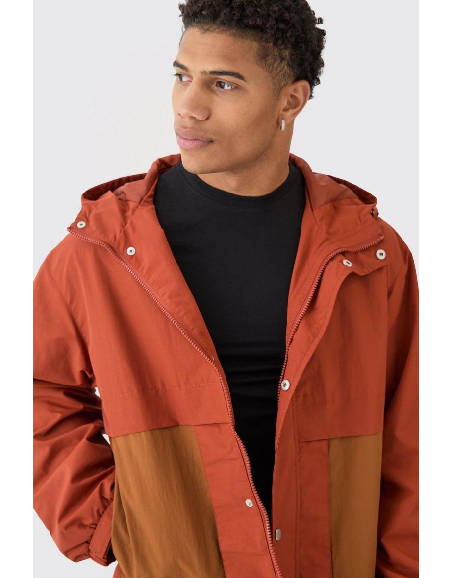Colour Block Hooded Nylon Windbreaker In Rust - rust - 2
