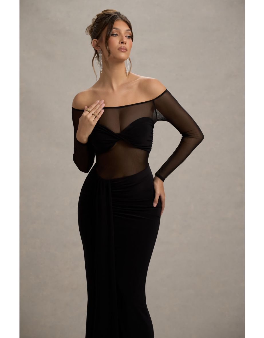Cover Star | Black Mesh Bardot Long-Sleeve Draped Dress - 5