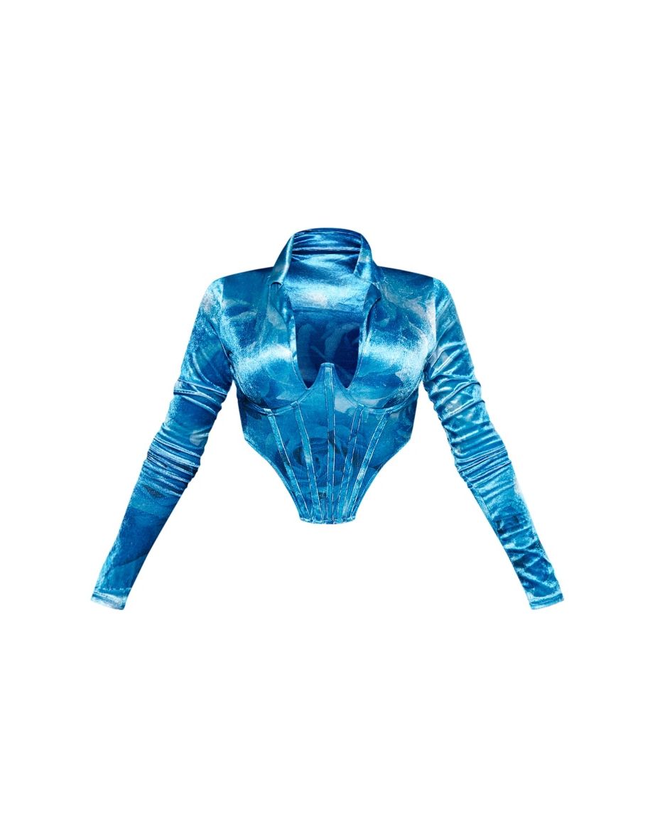 Blue Printed Velvet Corset Shirt - 4