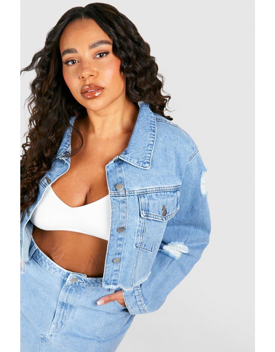 Plus Distressed Cropped Denim Jacket - light blue - 3