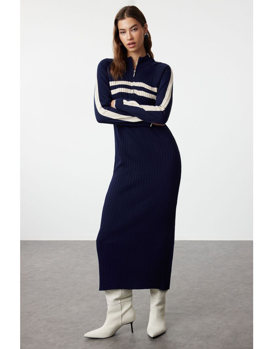 Navy Blue Color Block Corded Knitwear Dress