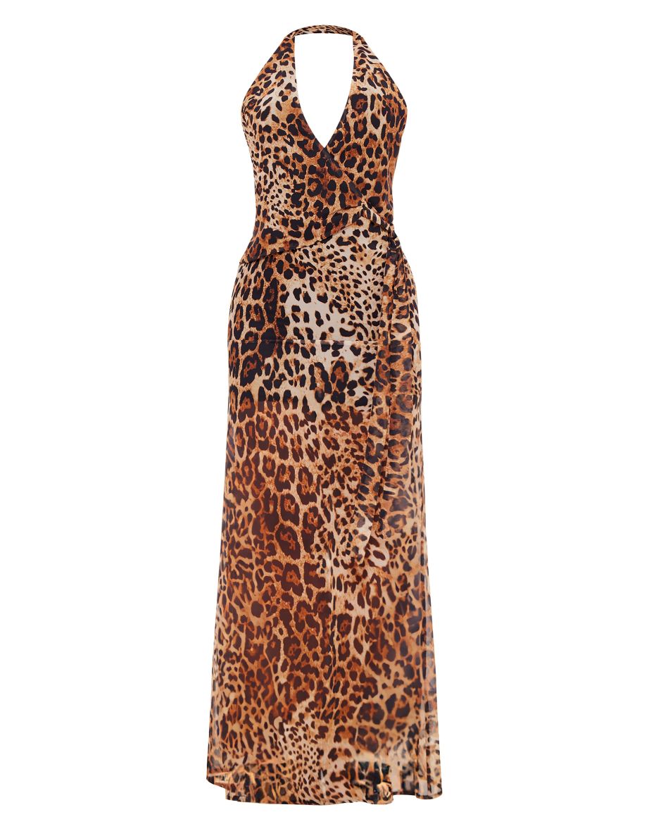 Leopard Print Chiffon Wrap Maxi Dress - 4