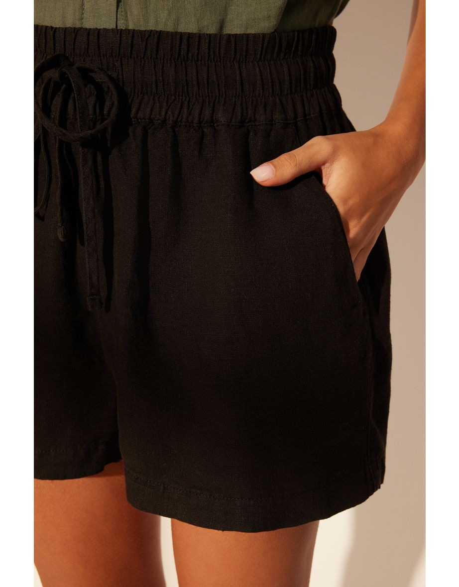 Black 100% Linen Elastic Waist High Waist Shorts - 5