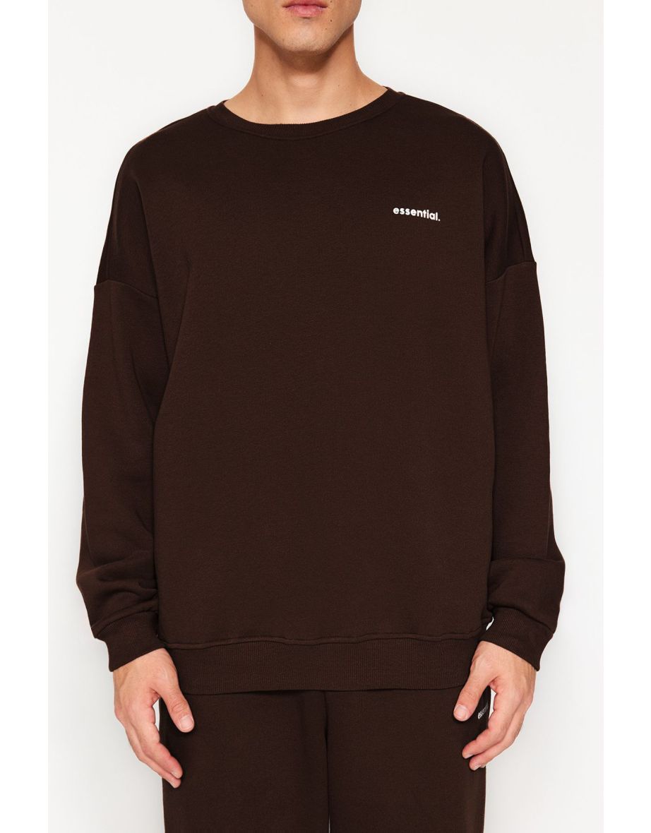 Dark Brown Tracksuit Set Oversize/Wide Cut Letter Printed With Fleece Inside - 8
