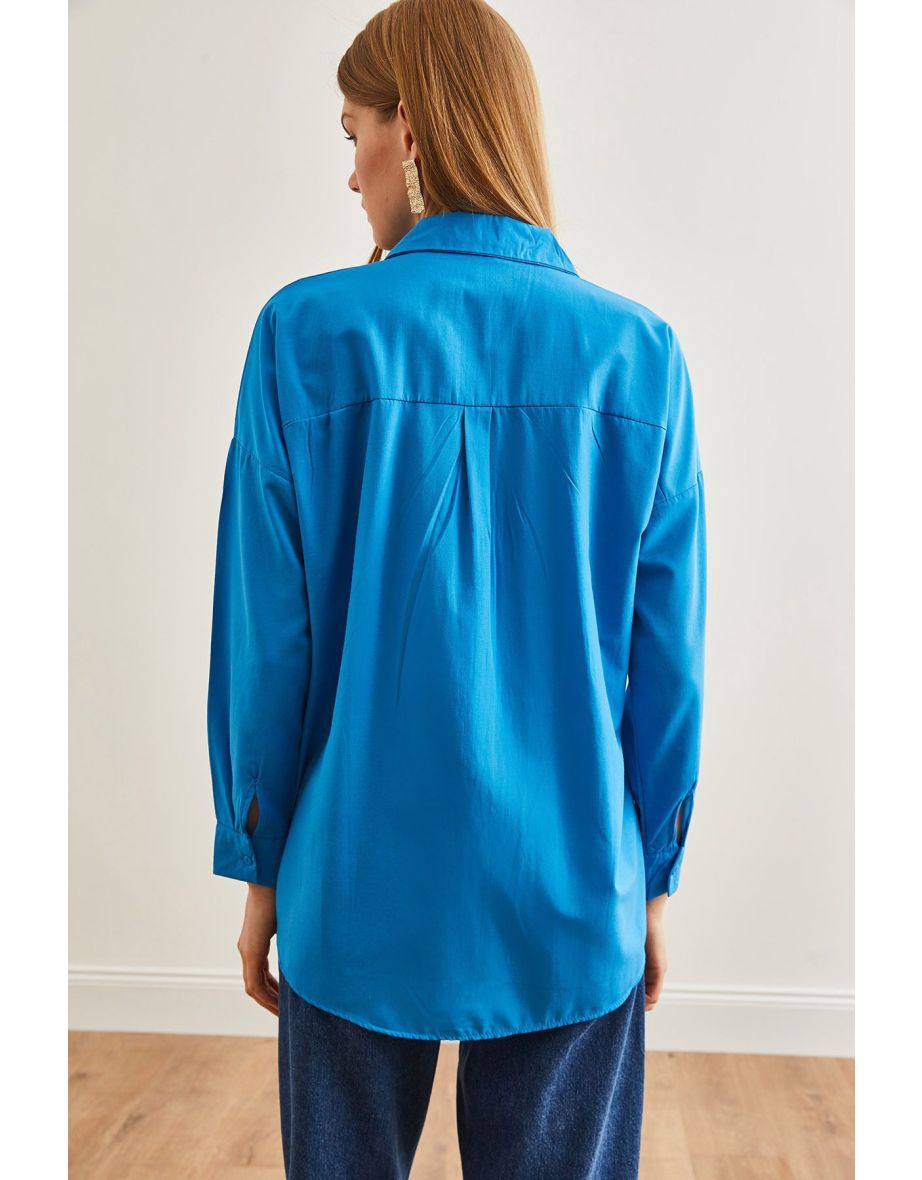 Women's Eye Sky Blue Sequin Detailed Woven Boyfriend Shirt - 4