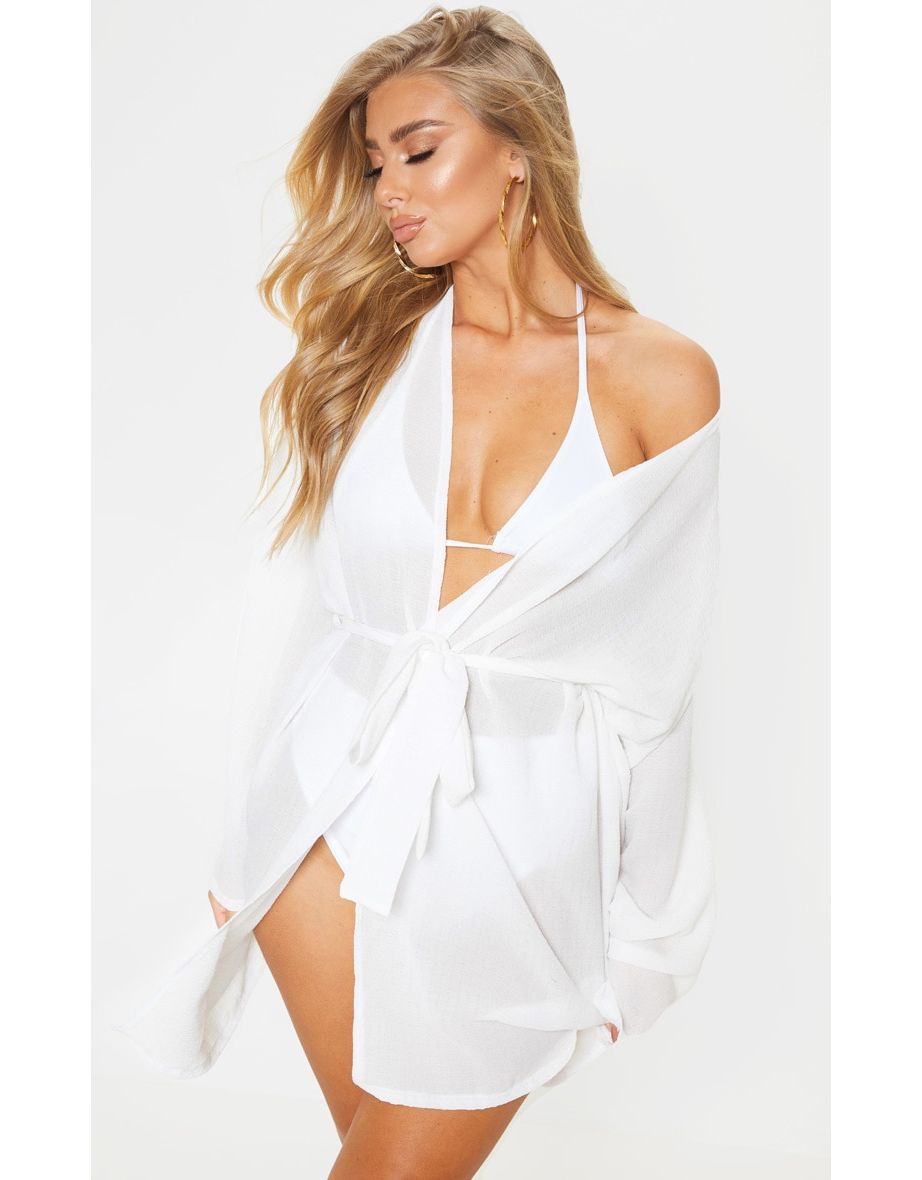 White Crinkle Textured Short Beach Kimono