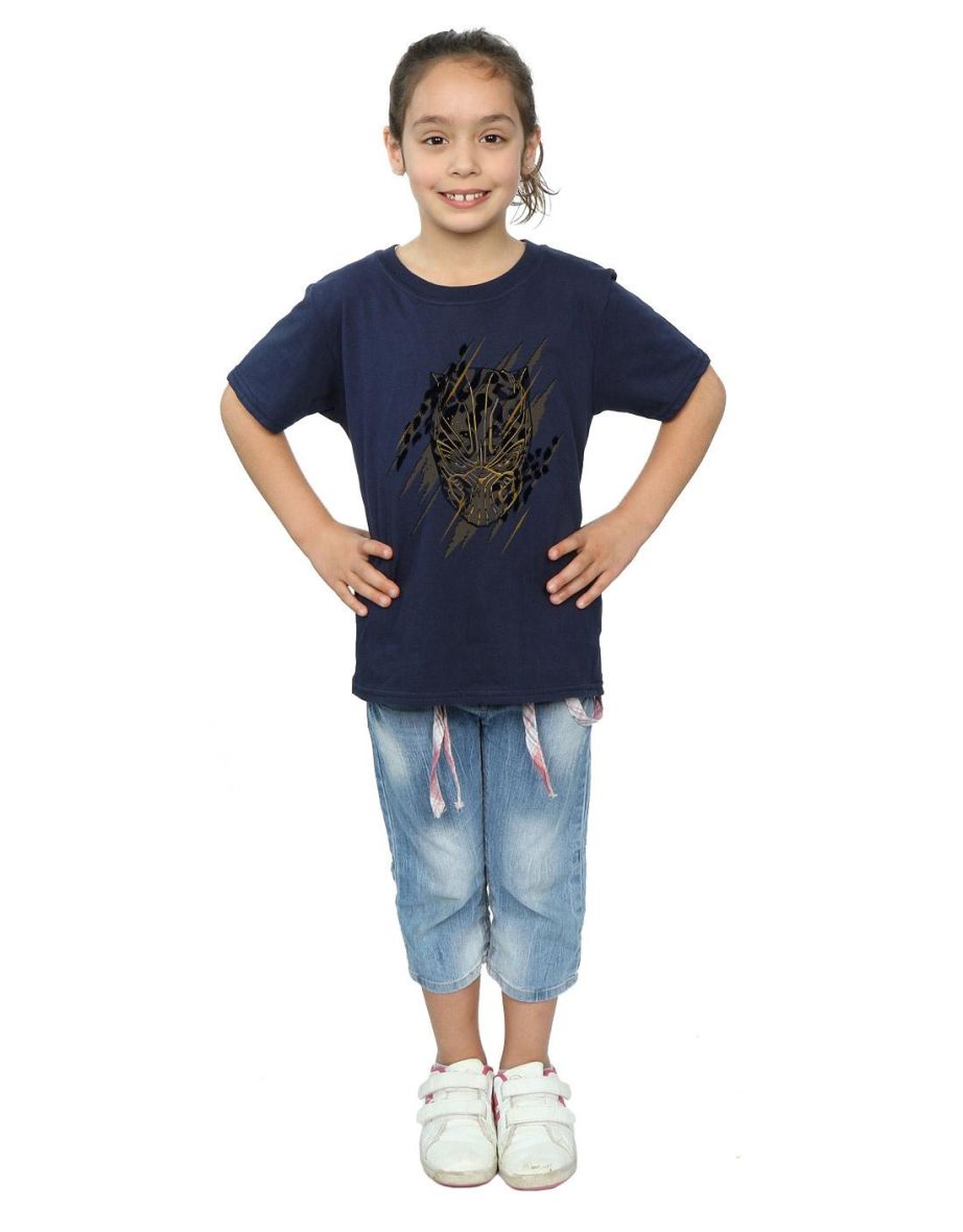 Marvel Girls Black Panther Gold Head Cotton T-Shirt - Navy Blue - 3