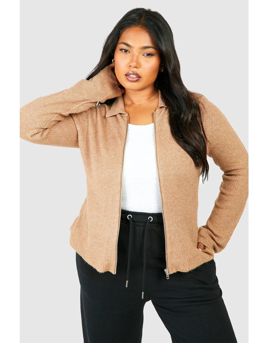 Plus Collared Soft Knit Zip Cardigan - taupe