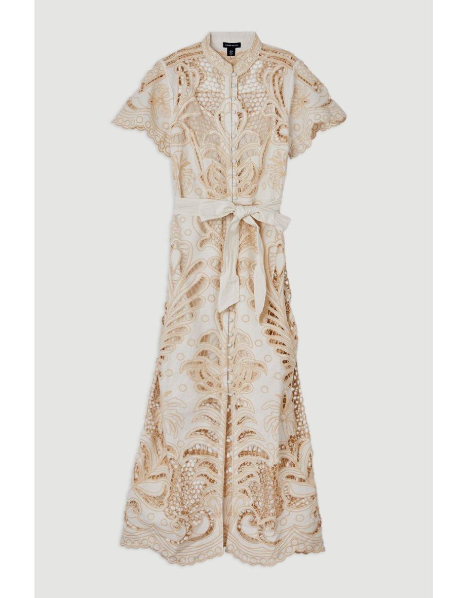 Linen Cutwork Embroidery Woven Midi Dress - 3