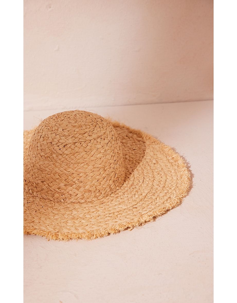 Natural Woven Frayed Edge Straw Hat - 2