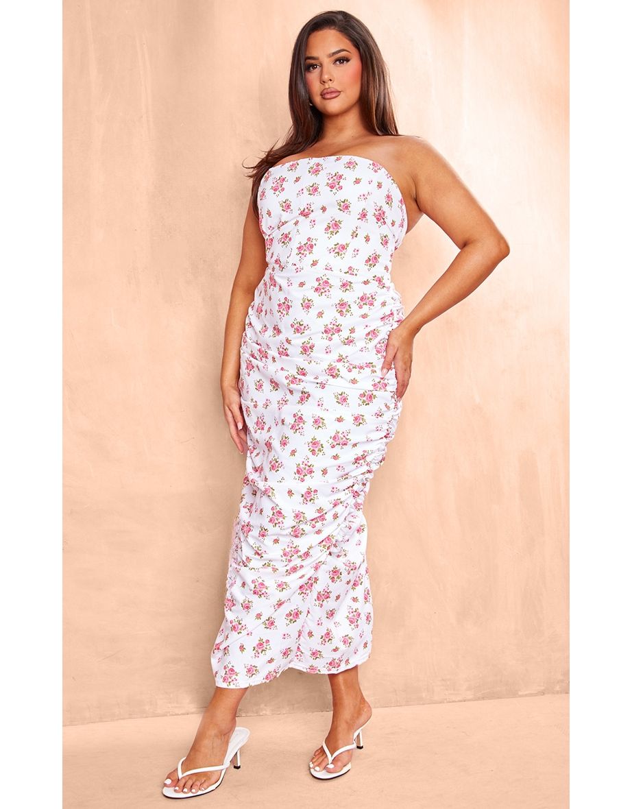 Plus White Floral Print Strapless Corset Ruched Side Maxi Dress