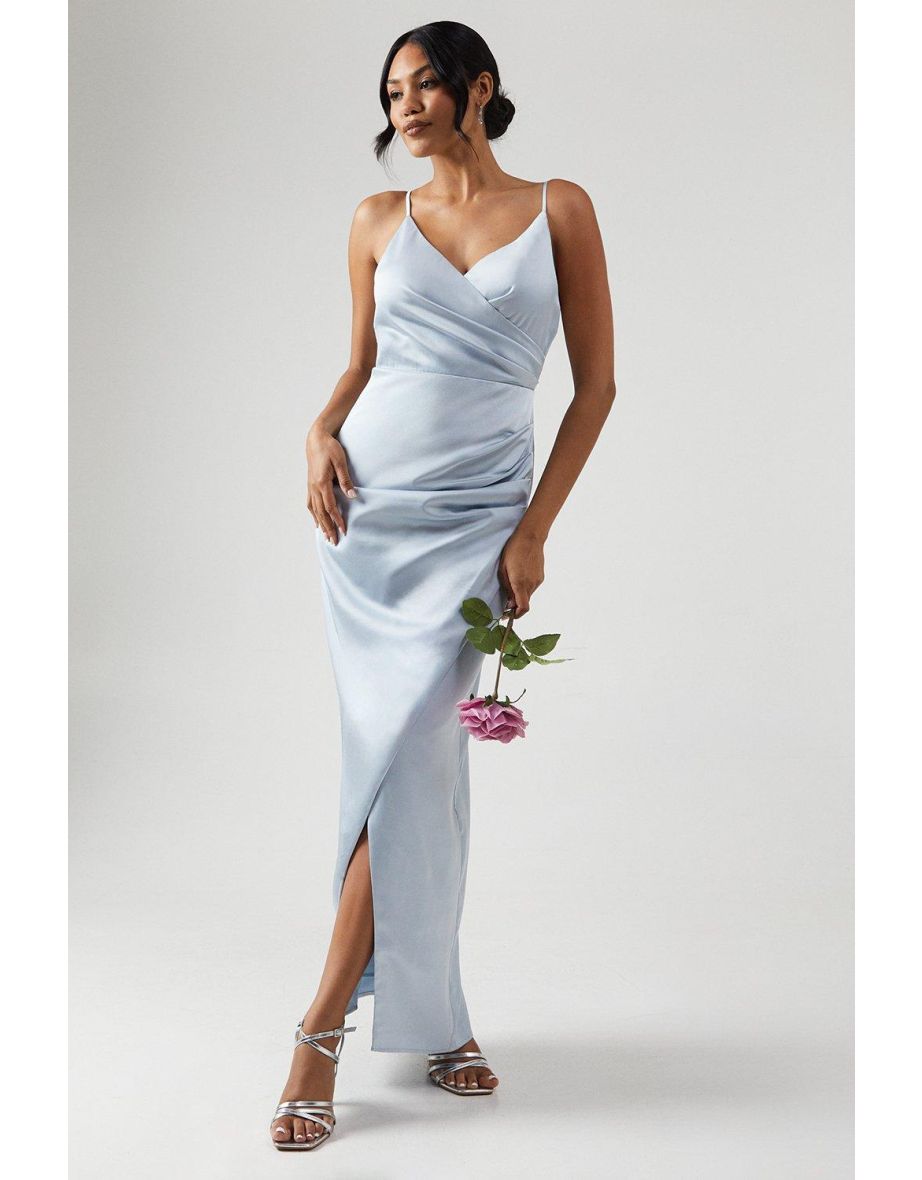 Ruche Side Strappy Satin Maxi Bridesmaid Dress