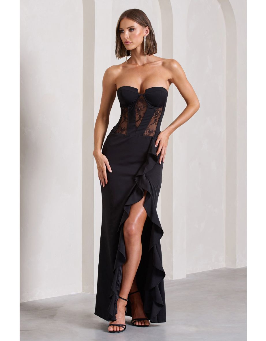 Attention Please | Black Strapless Lace Panelled Corset Split Maxi Dress