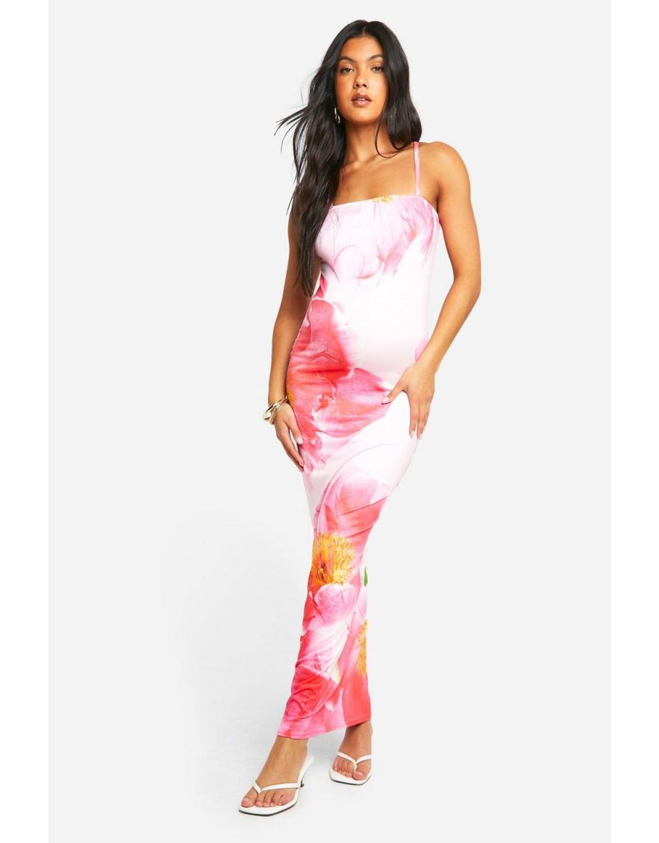 Maternity Floral Print Super Soft Strappy Maxi Dress - pink