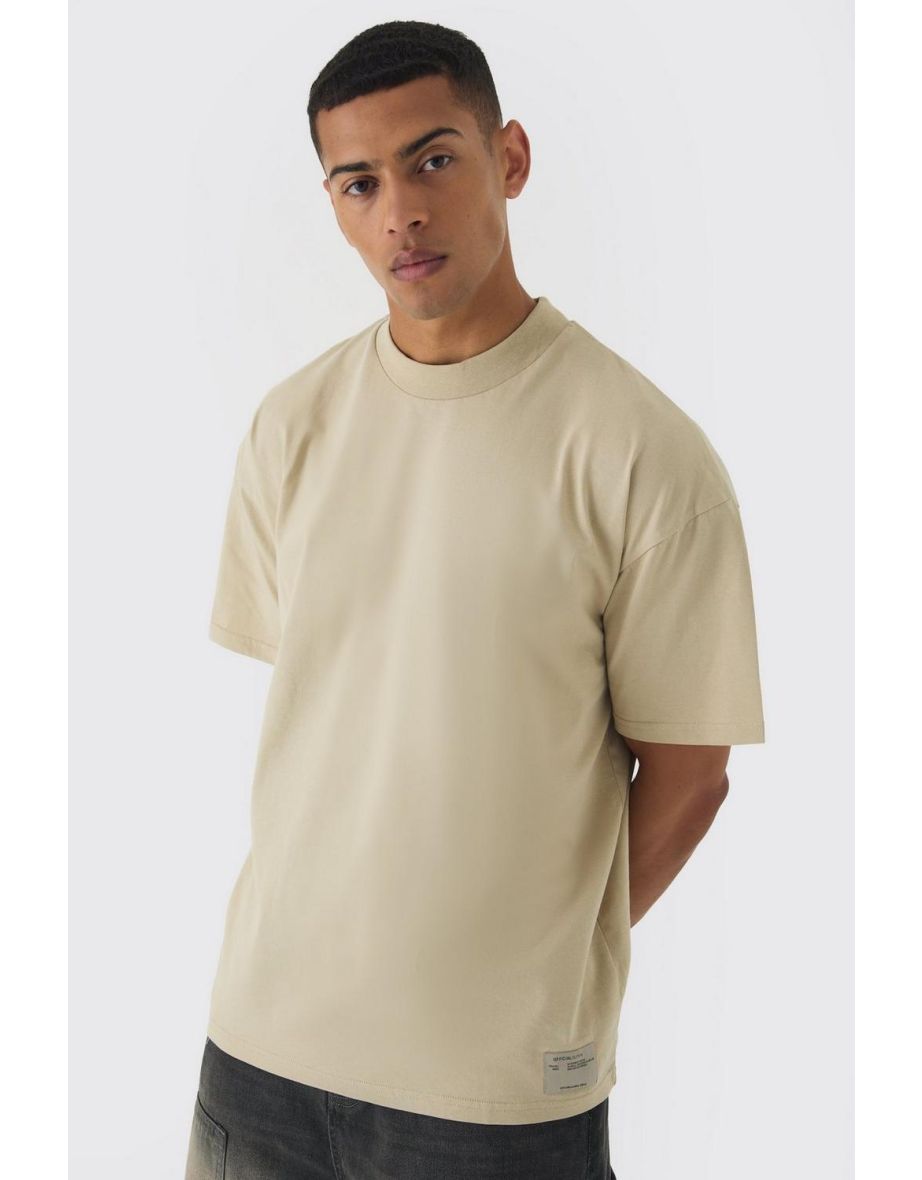 Oversized Extended Neck Heavyweight Woven Tab T-shirt - stone