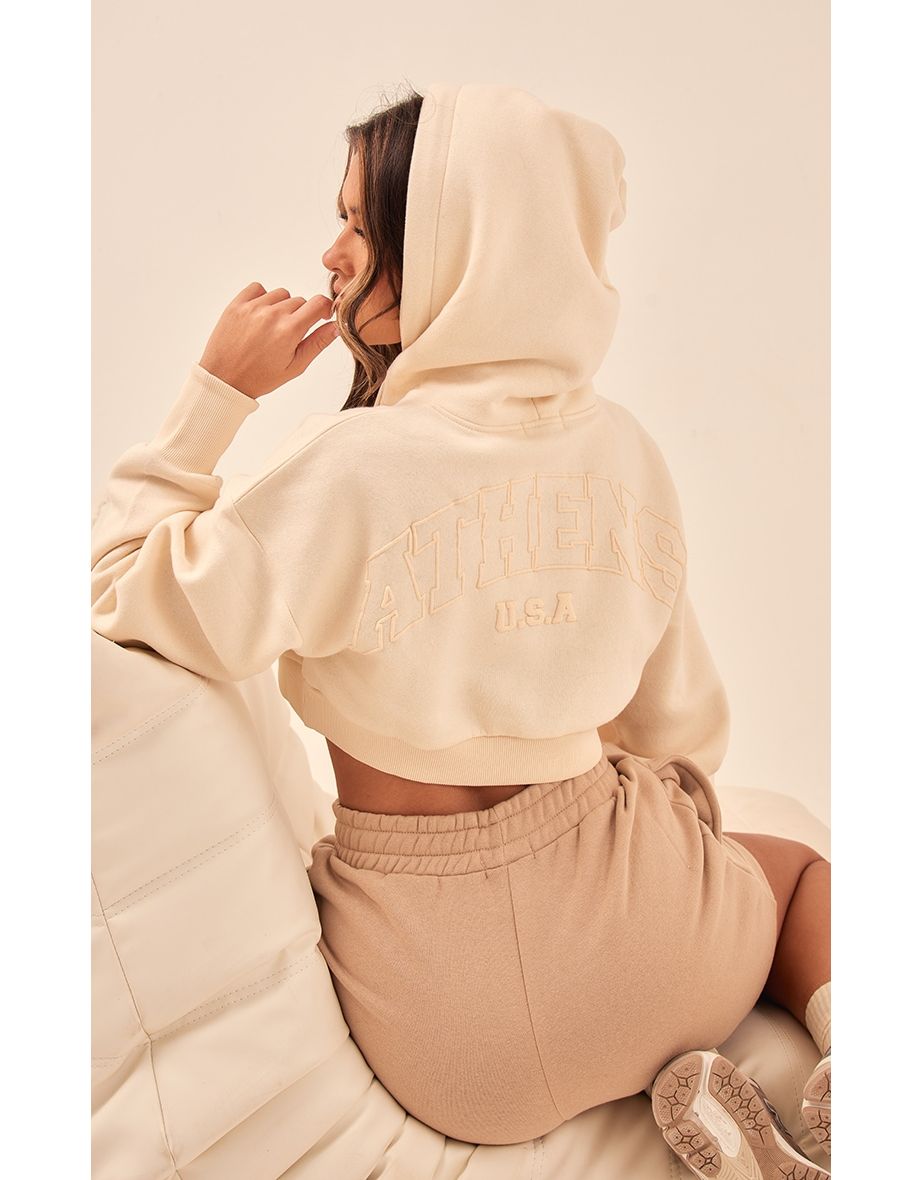 Shop Cream Athens Puff Print Cropped Hoodie Online in Bahrain VogaCloset