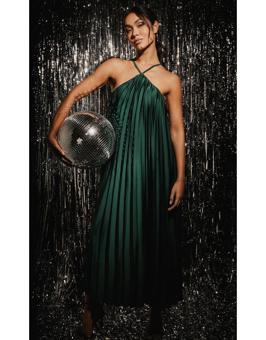 Green satin pleated dress best sale