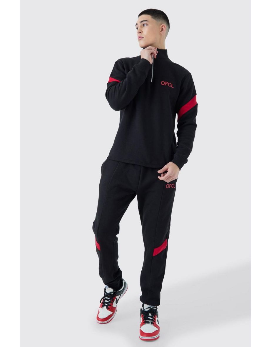 Ofcl Slim Fit Quarter Zip Colour Block Tracksuit - black