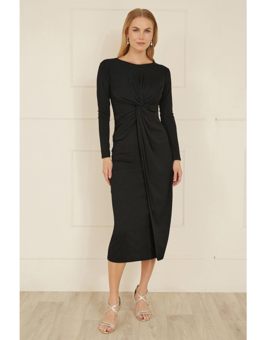 Yumi Black Midi Fitted Stretch Dress With Knot Detail