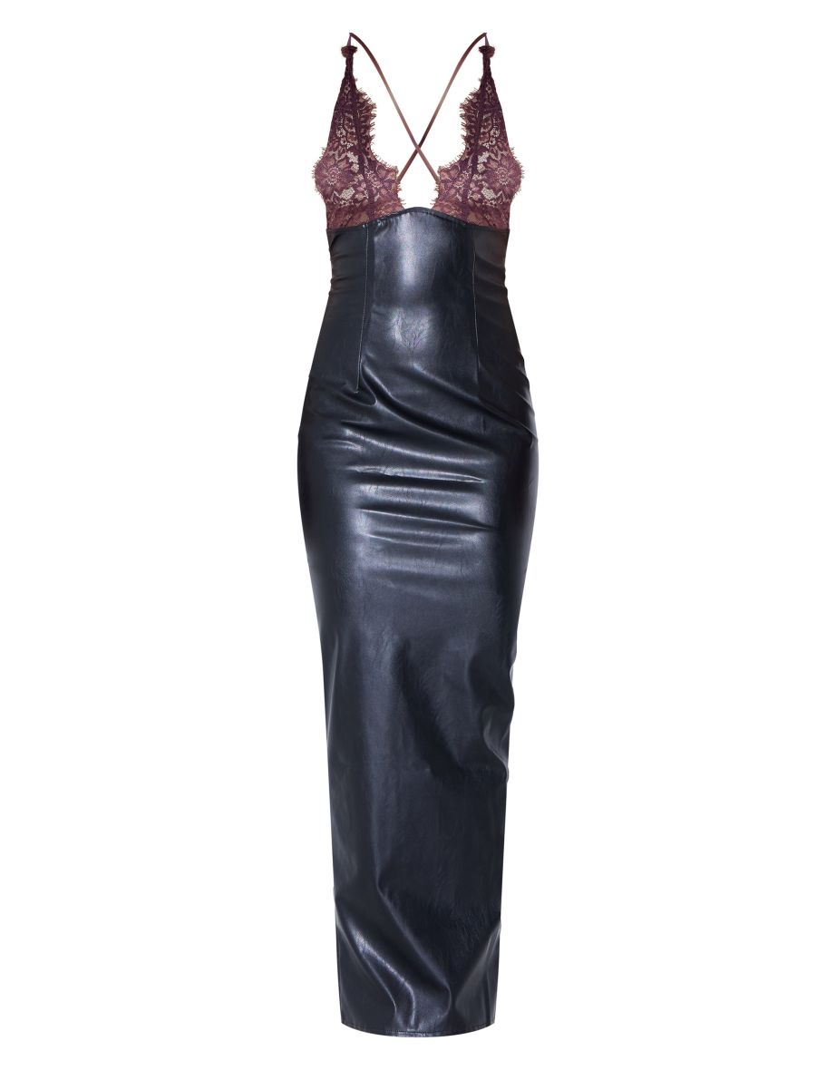 Black Faux Leather Lace Bust Low Back Maxi Dress - 4