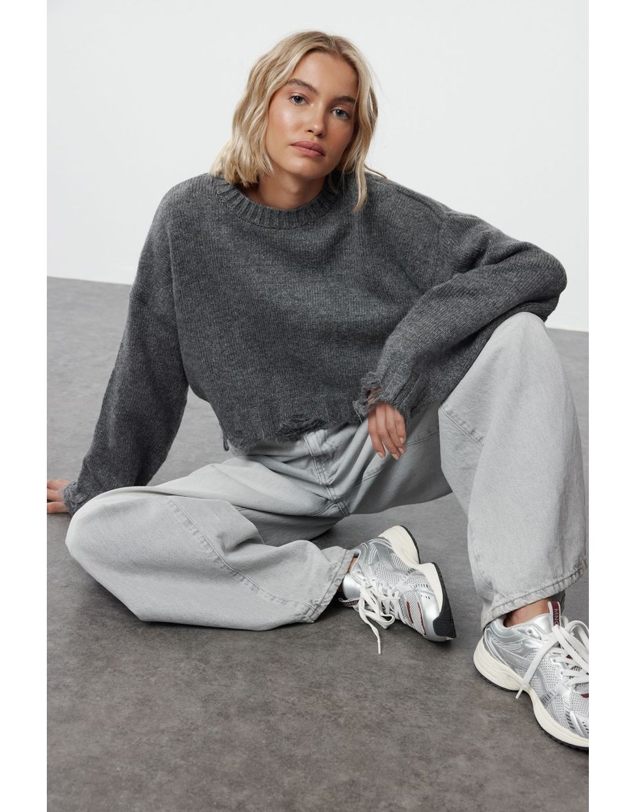 Anthracite Crop Super Wide Pattern Soft Texture Knit Sweater - 4