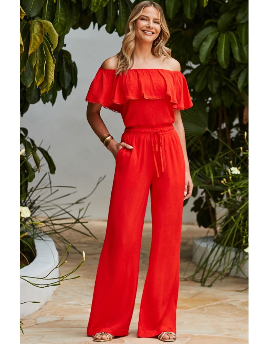 Red Frill Detail Bardot Top
