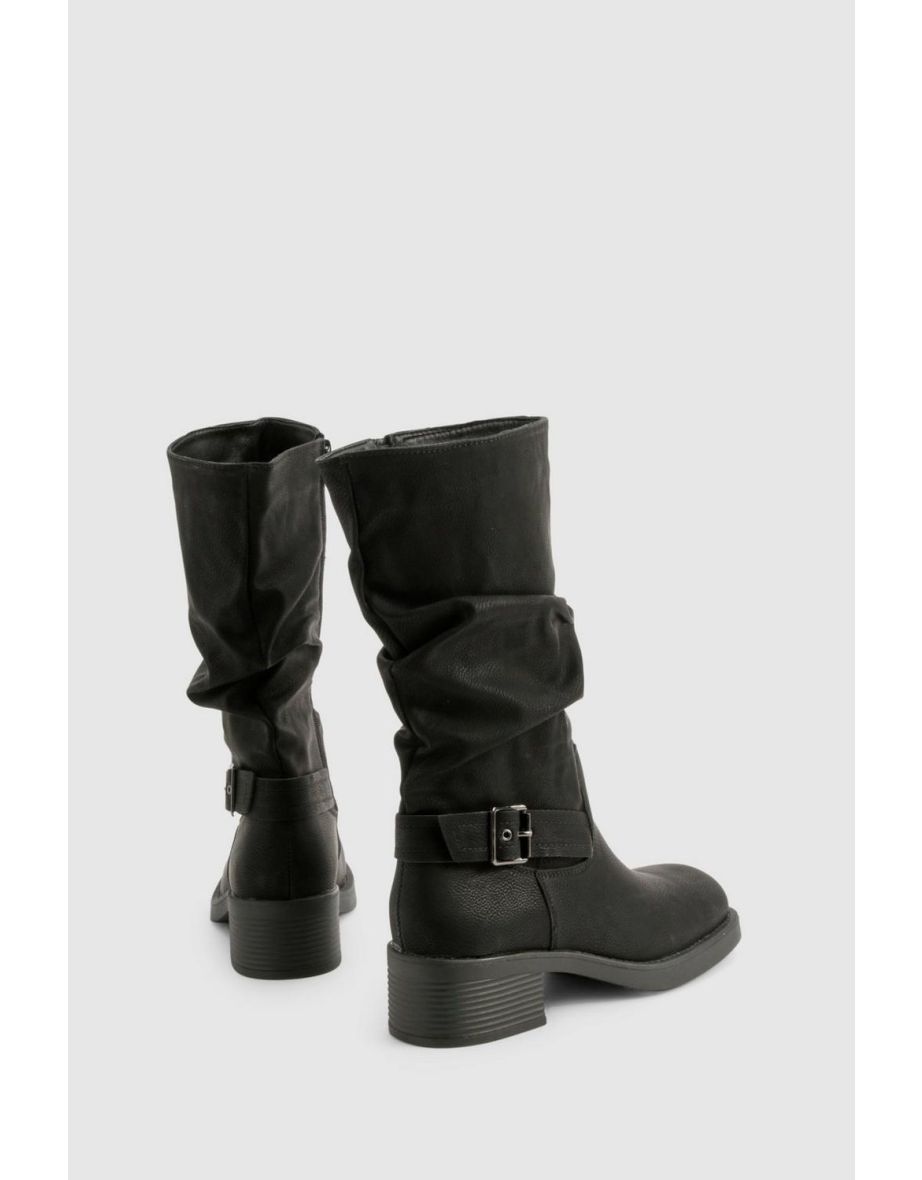 Ruched Slouch Buckle Detail Knee High Boots - 3