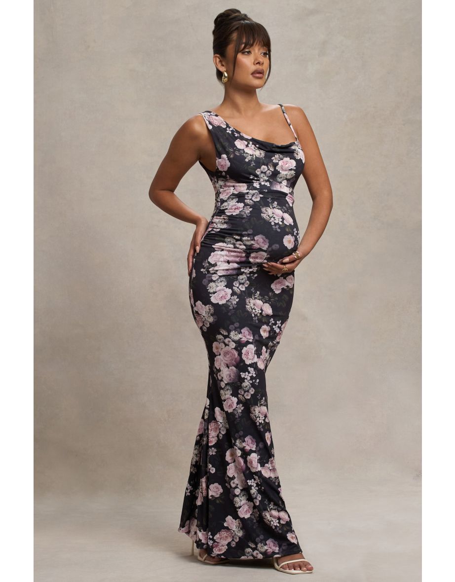 Phantasy | Black Floral Maternity Cowl Neck Maxi Dress