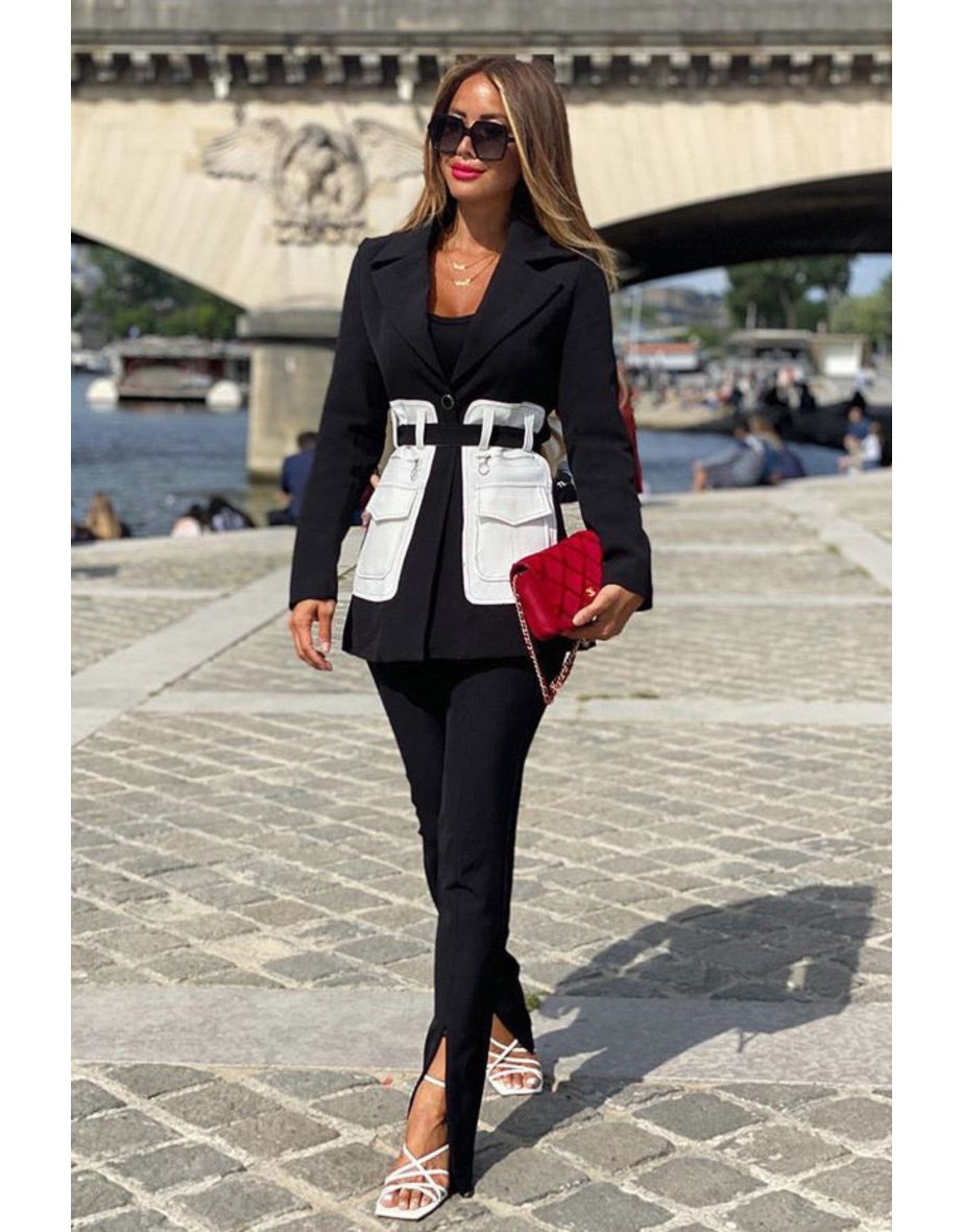 SHANA BLACK & WHITE BELTED BLAZER WITH LARGE POCKETS