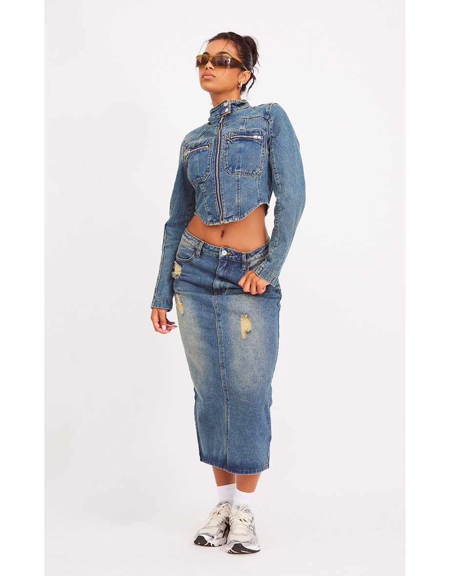 Frayed denim hotsell midi skirt