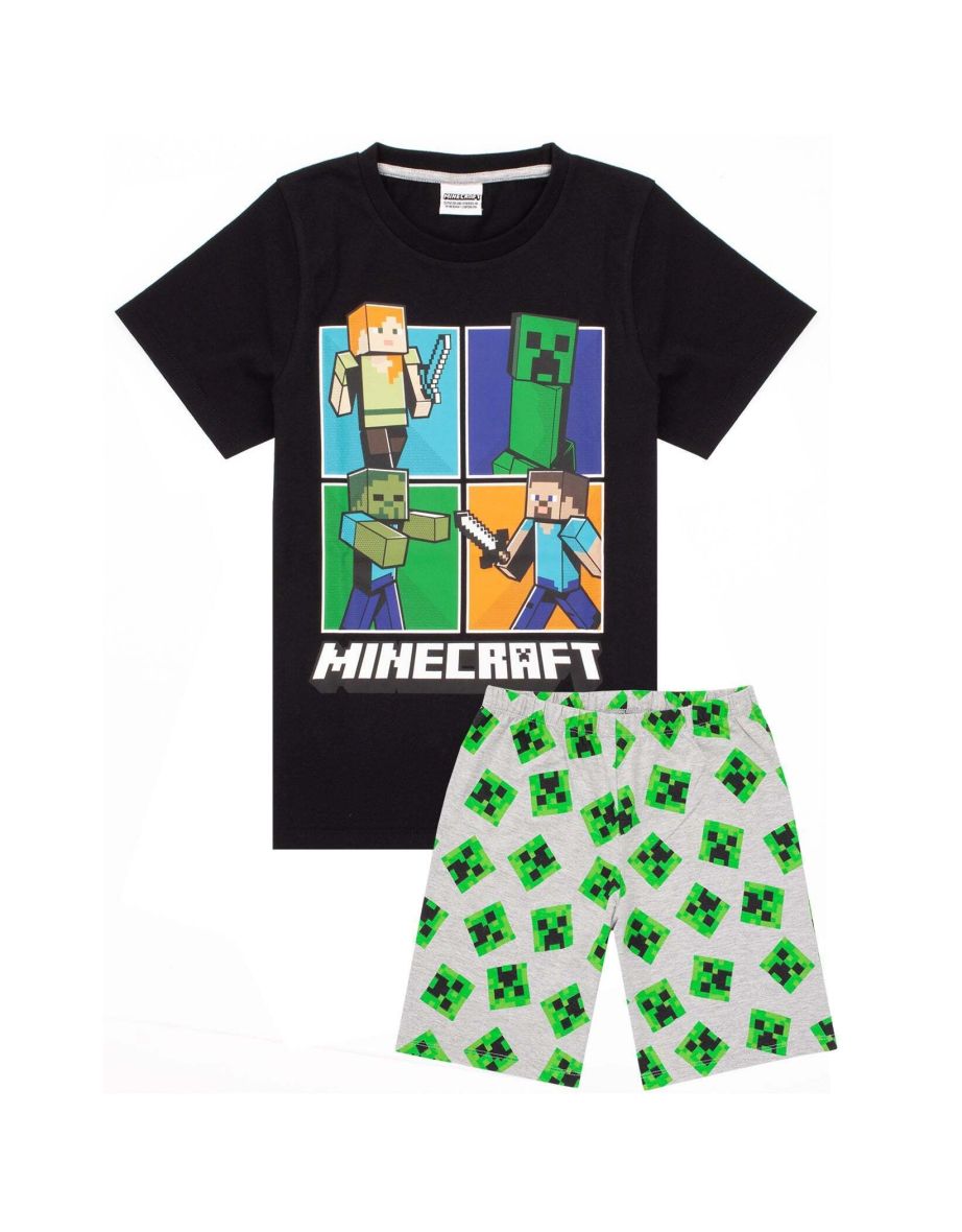 Minecraft Boys Short Pyjama Set - Black/Heather Grey/Green