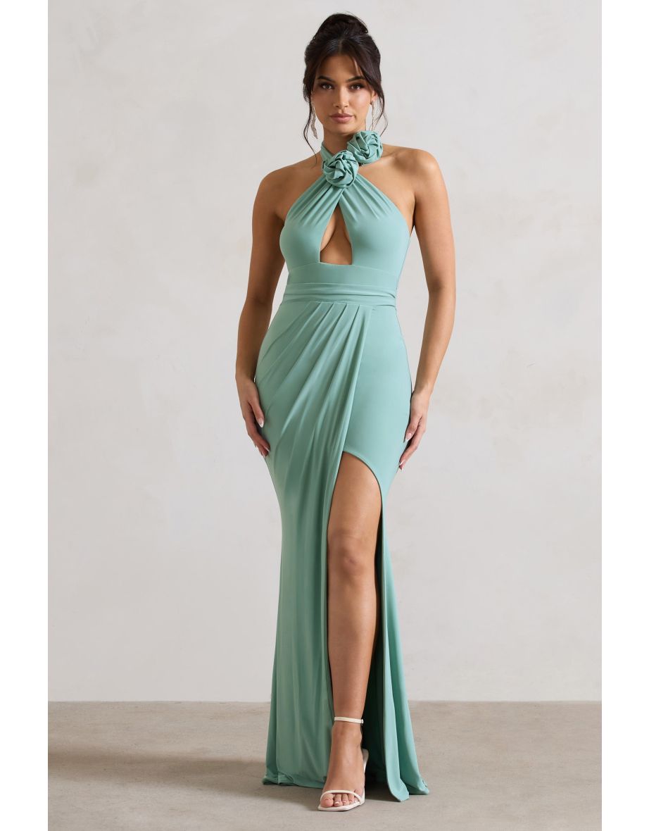 Green Halter Neck A-Line Floor Length Dress