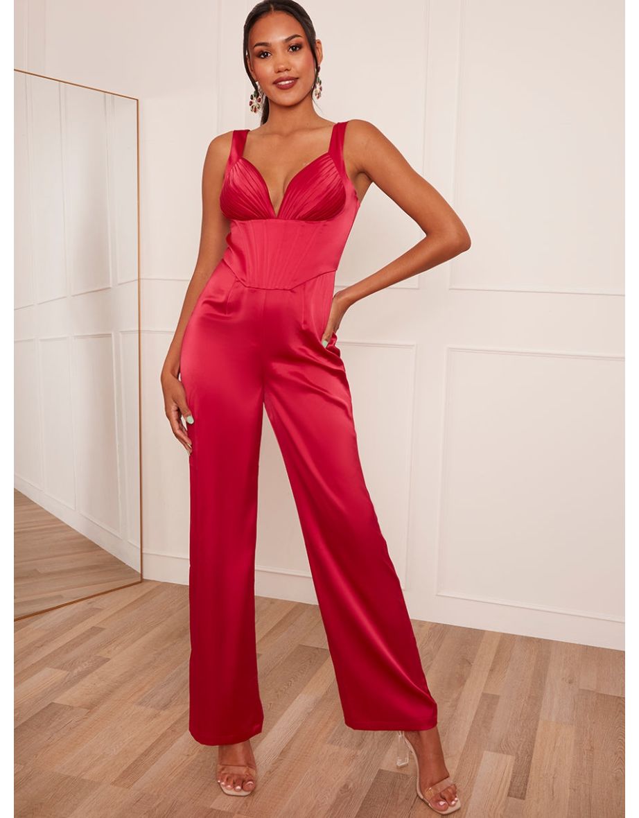 Corset Style Wide Leg Satin Jumpsuit in Pink
