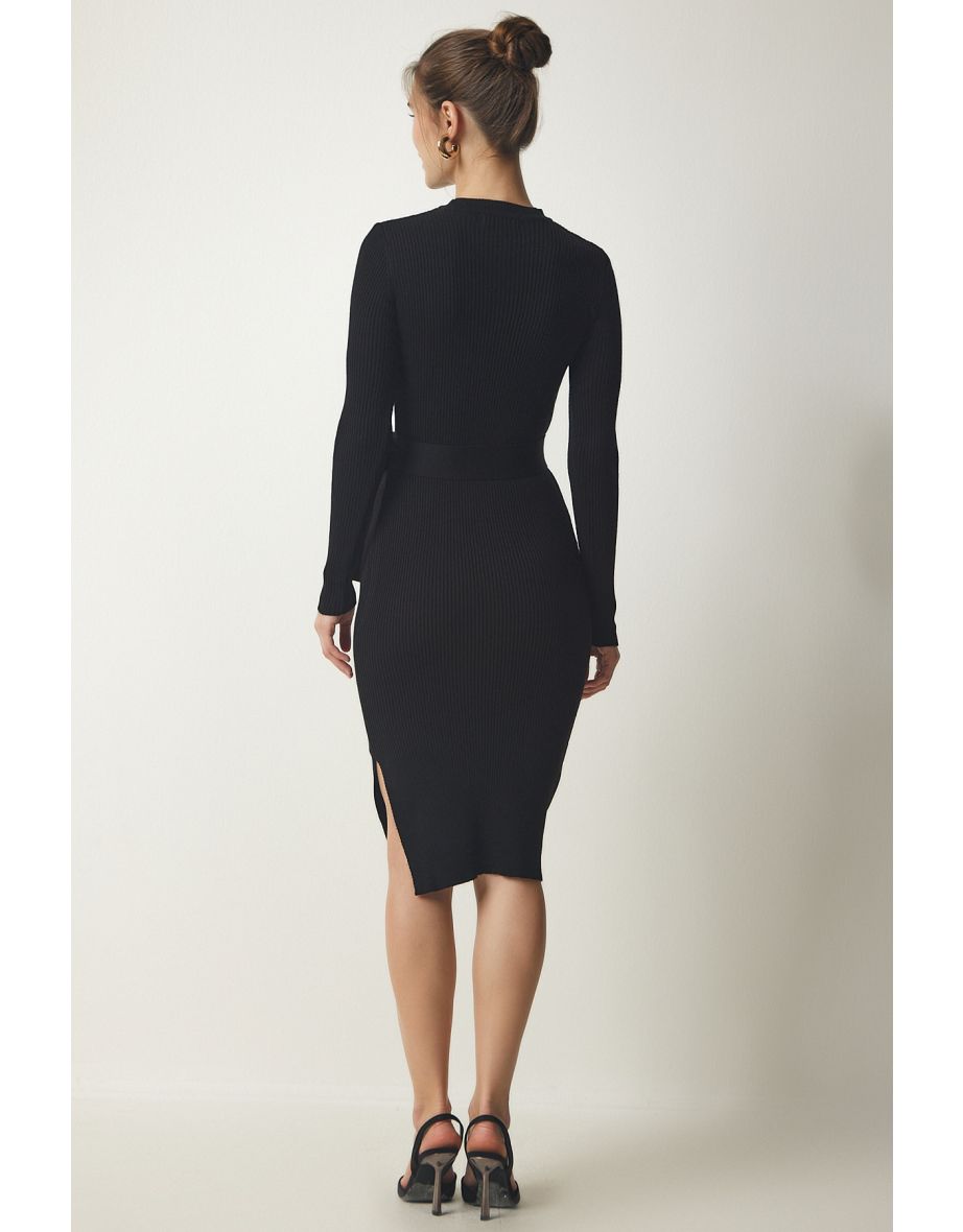 Women's Black Belted Slit Wrap Sweater Dress - 4
