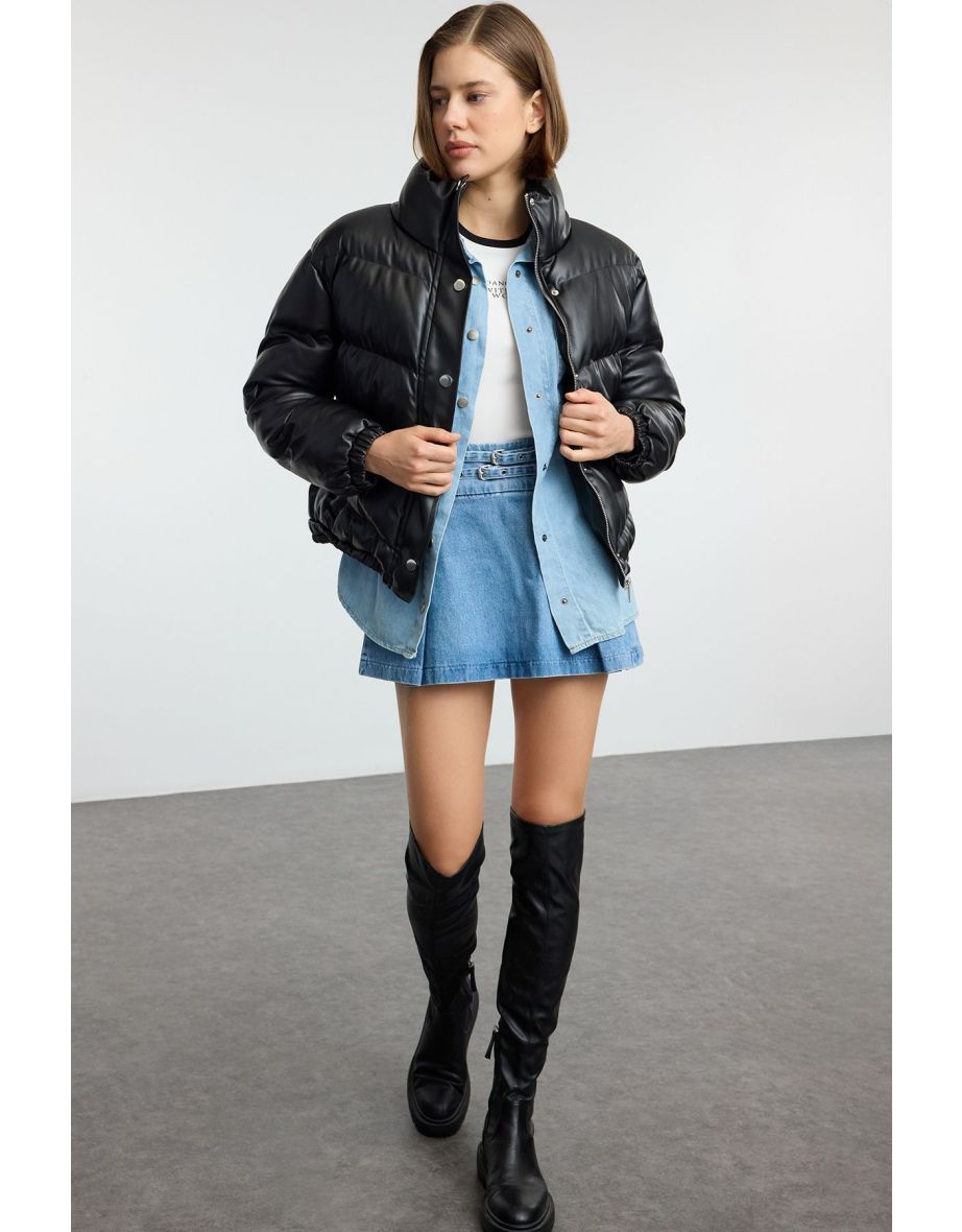 Black Oversize Faux Leather Puffer Jacket