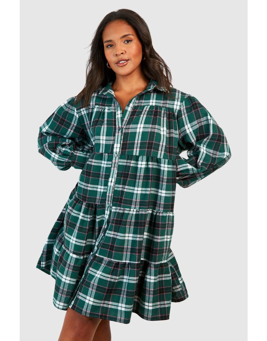 Plus Check Ruffle Hem Oversized Smock Dress - green