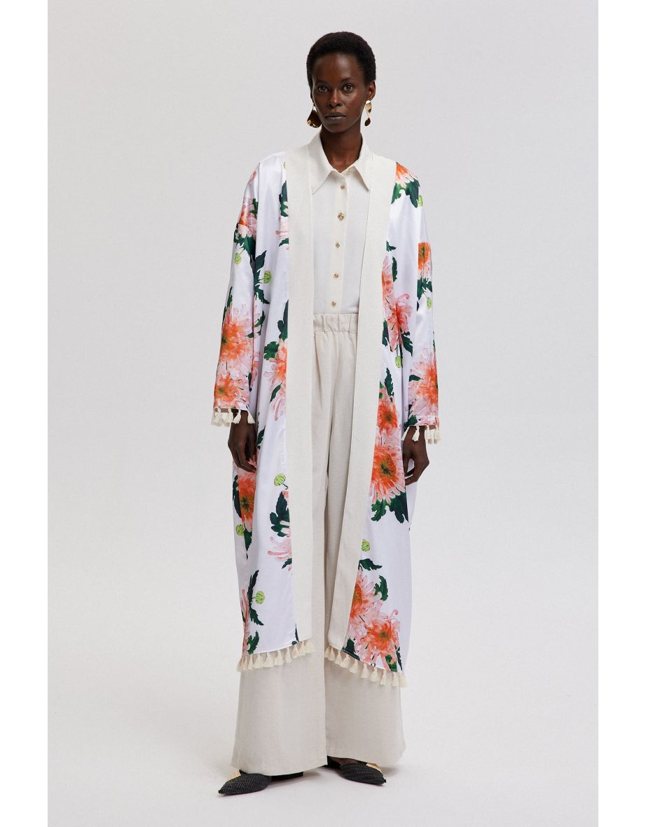 FLORAL PATTERNED FRINGE DETAILED KIMONO