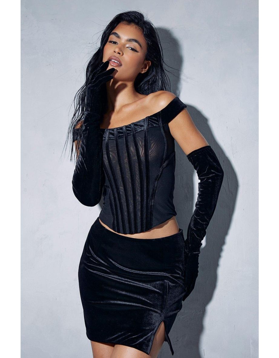 Black Velvet Bodycon Mini Skirt with Slit - 3