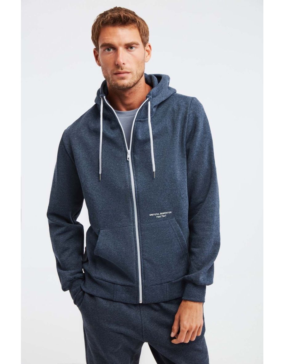 Momentum Men's Zipper High Collar Hooded Embroidered Drawcord Fleece Sweatshirt