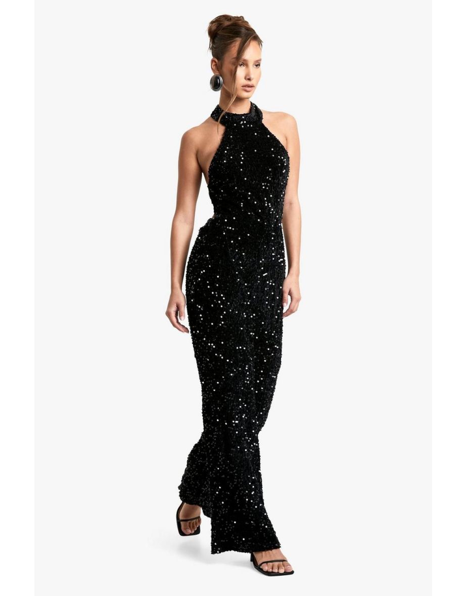 Velvet Sequin Halterneck Jumpsuit - black