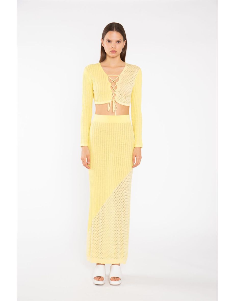 Lemon-Yellow Mix Knit Straight Maxi-Skirt